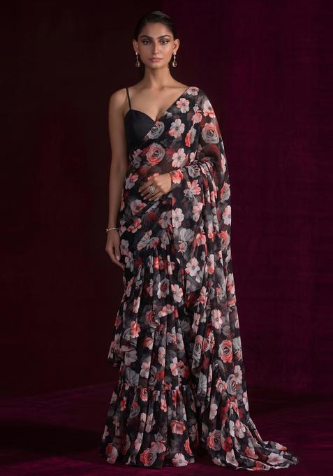 Black Printed Georgette Pre Draped Saree Set