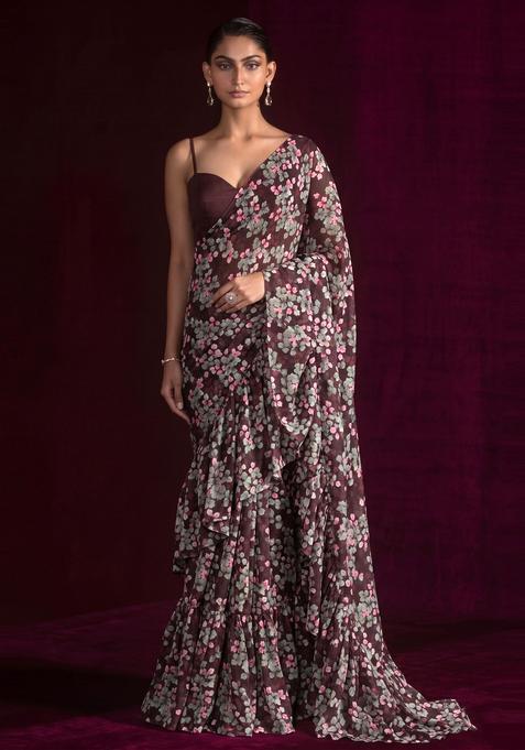  Brown Printed Georgette Pre Draped Saree Set