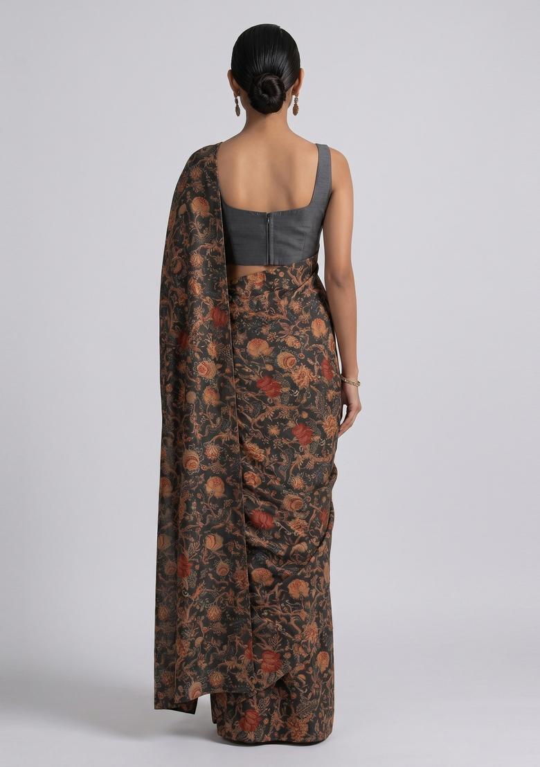 Coffee Brown Printed Georgette Pre Draped Saree Set - Indya
