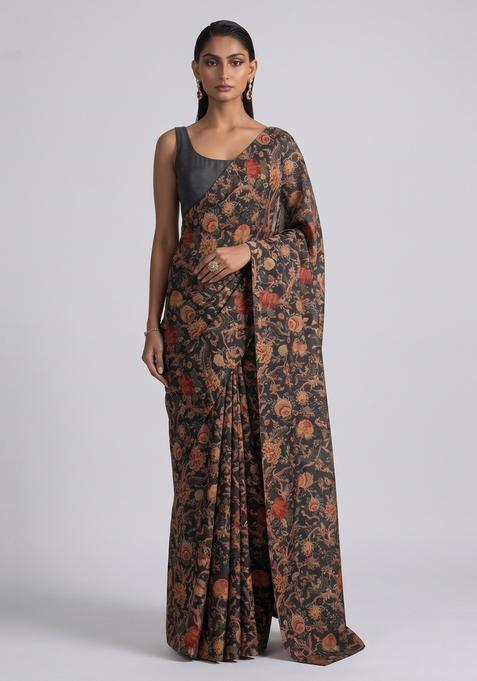 Coffee Brown Printed Georgette Pre Draped Saree Set