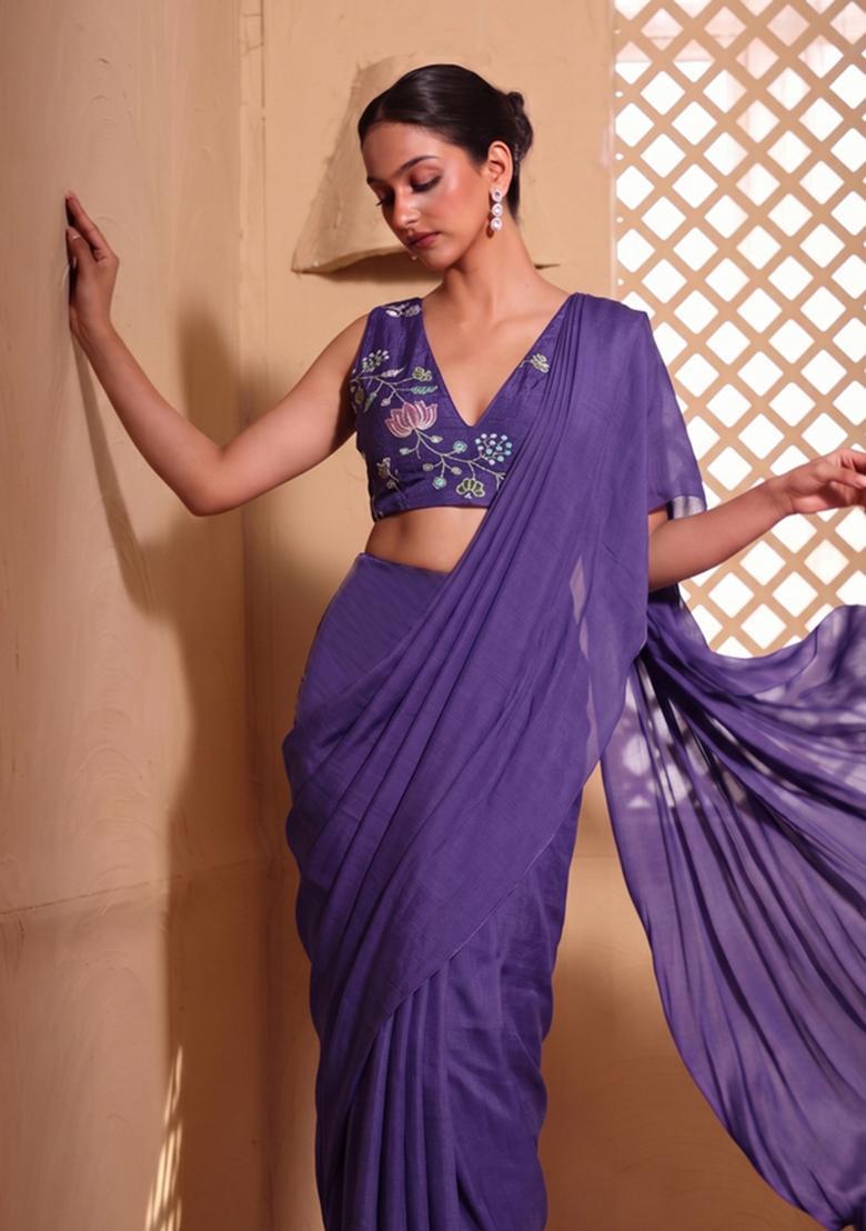 Deep Purple Embroidered Pre Draped Saree Set - Indya
