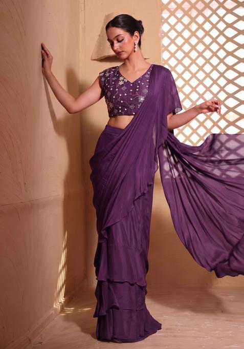 Wine Mirror Pre Draped Saree Set