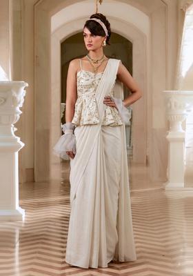Cream Embroidered Crepe Pre Draped Saree Set