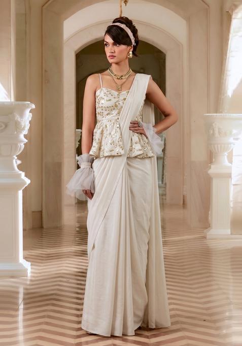 Cream Embroidered Crepe Pre Draped Saree Set