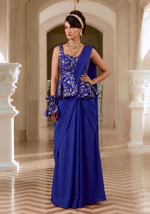 Royal Blue Embroidered Crepe Pre Draped Saree Set