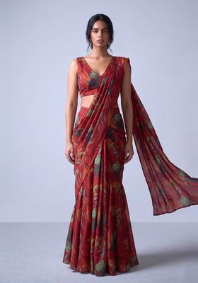 Wine Red Printed Organza Pre Draped Saree Set