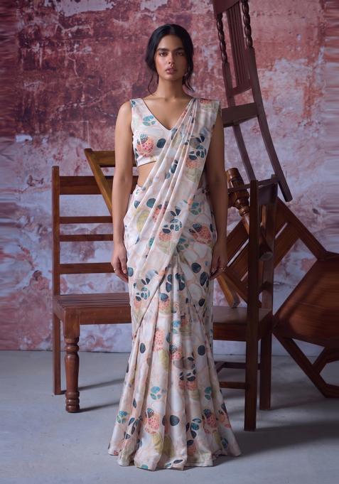 Off White Printed Organza Pre Draped Saree Set