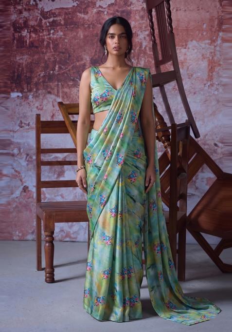 Sea Green Printed Organza Pre Draped Saree Set