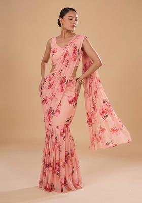 Peach Printed Chiffon Pre Draped Saree Set