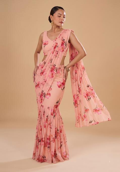 Peach Printed Chiffon Pre Draped Saree Set