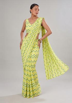 Lime Green Printed Chiffon Pre Draped Saree Set