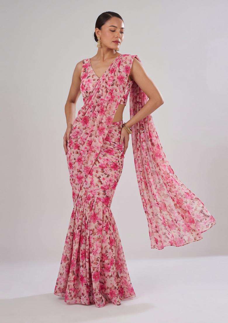 Pink Printed Chiffon Pre Draped Saree Set - Indya