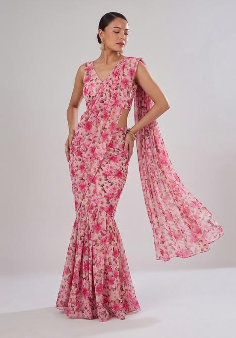 Pink Printed Chiffon Pre Draped Saree Set