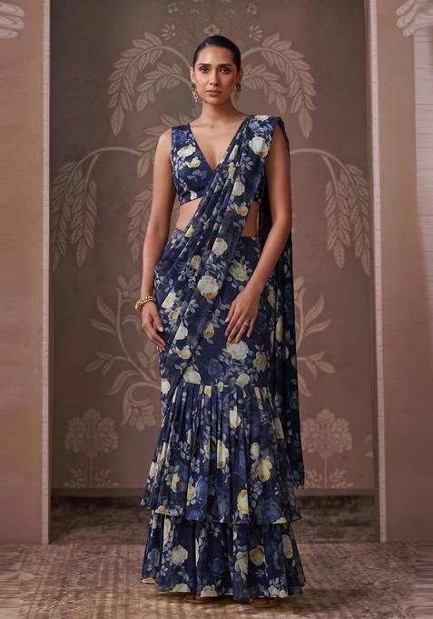 Navy Blue Printed Georgette Pre Draped Saree Set