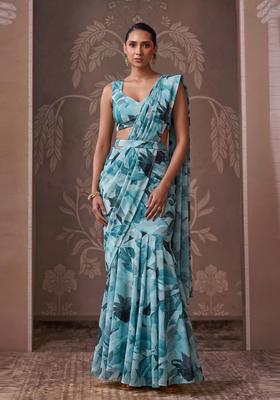 Teal Green Printed Georgette Pre Draped Saree Set