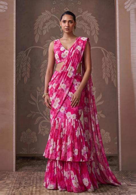Pink Printed Georgette Pre Draped Saree Set
