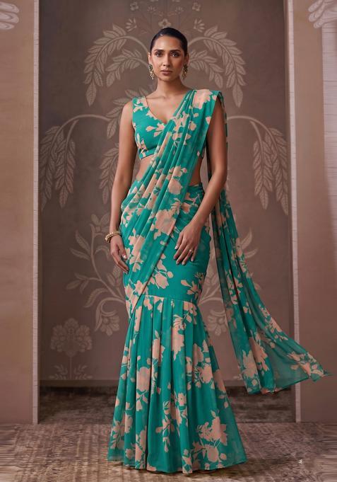 Teal Printed Georgette Pre Draped Saree Set