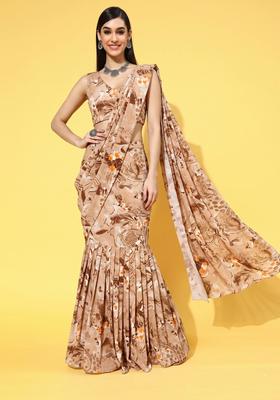 Beige Printed Crepe Pre Draped Saree Set