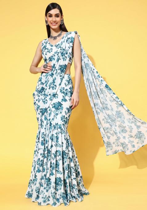 Blue Printed Crepe Pre Draped Saree Set