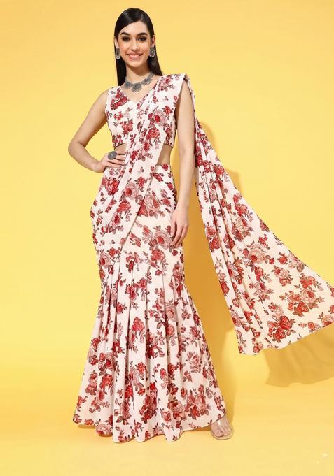 Red Printed Crepe Pre Draped Saree Set