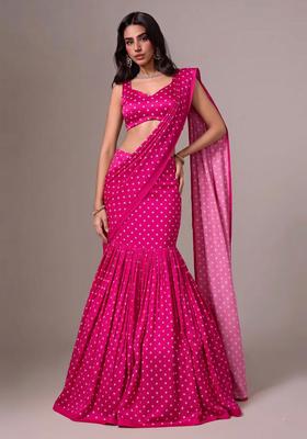 Hot Pink Printed Silk Blend Pre Draped Saree Set