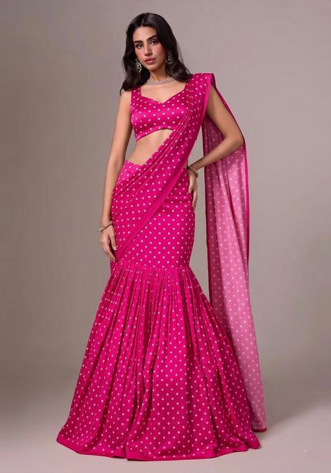Hot Pink Printed Silk Pre Draped Saree Set