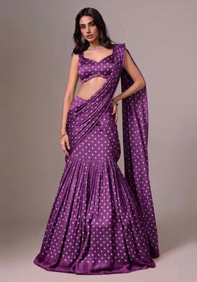 Deep Wine Printed Silk Blend Pre Draped Saree Set