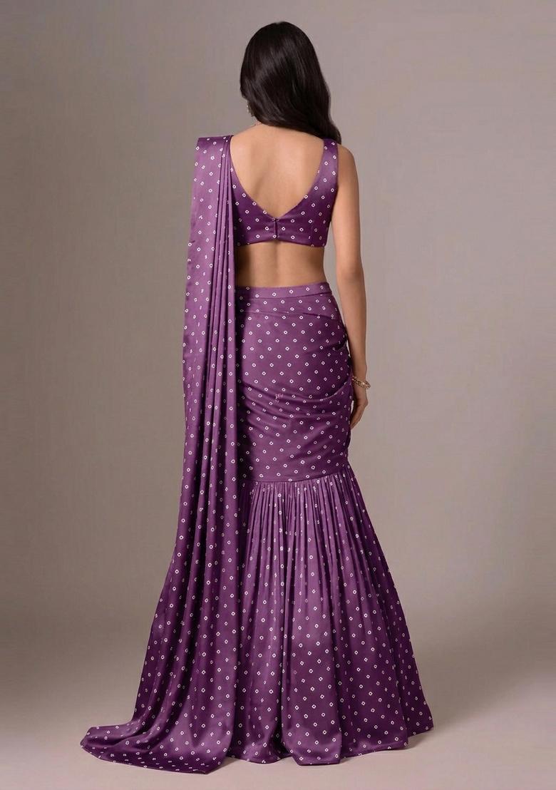 Deep Wine Printed Silk Blend Pre Draped Saree Set - Indya