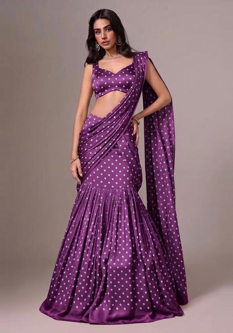 Deep Wine Printed Silk Pre Draped Saree Set