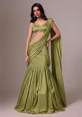 Olive Green Printed Silk Blend Pre Draped Saree Set