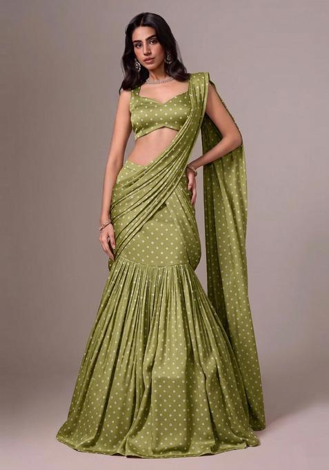 Olive Green Printed Silk Pre Draped Saree Set