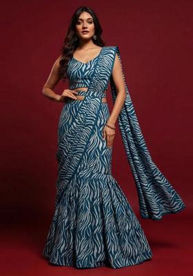 Teal Blue Abstract Print Crepe Pre Draped Saree Set