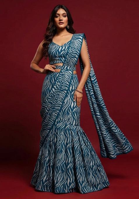 Teal Blue Abstract Print Crepe Pre Draped Saree Set