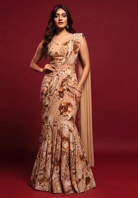 Beige Floral Print Crepe Pre Draped Saree Set