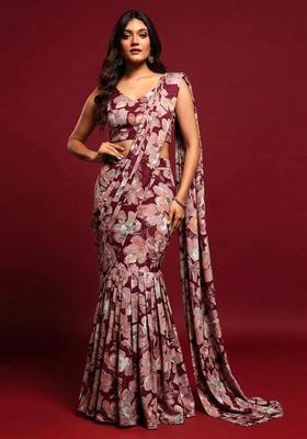 Burgundy Wine Floral Print Crepe Pre Draped Saree Set