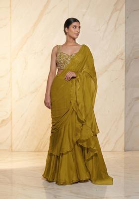 Lime Green Embroidered Handwork Pre Draped Saree Set