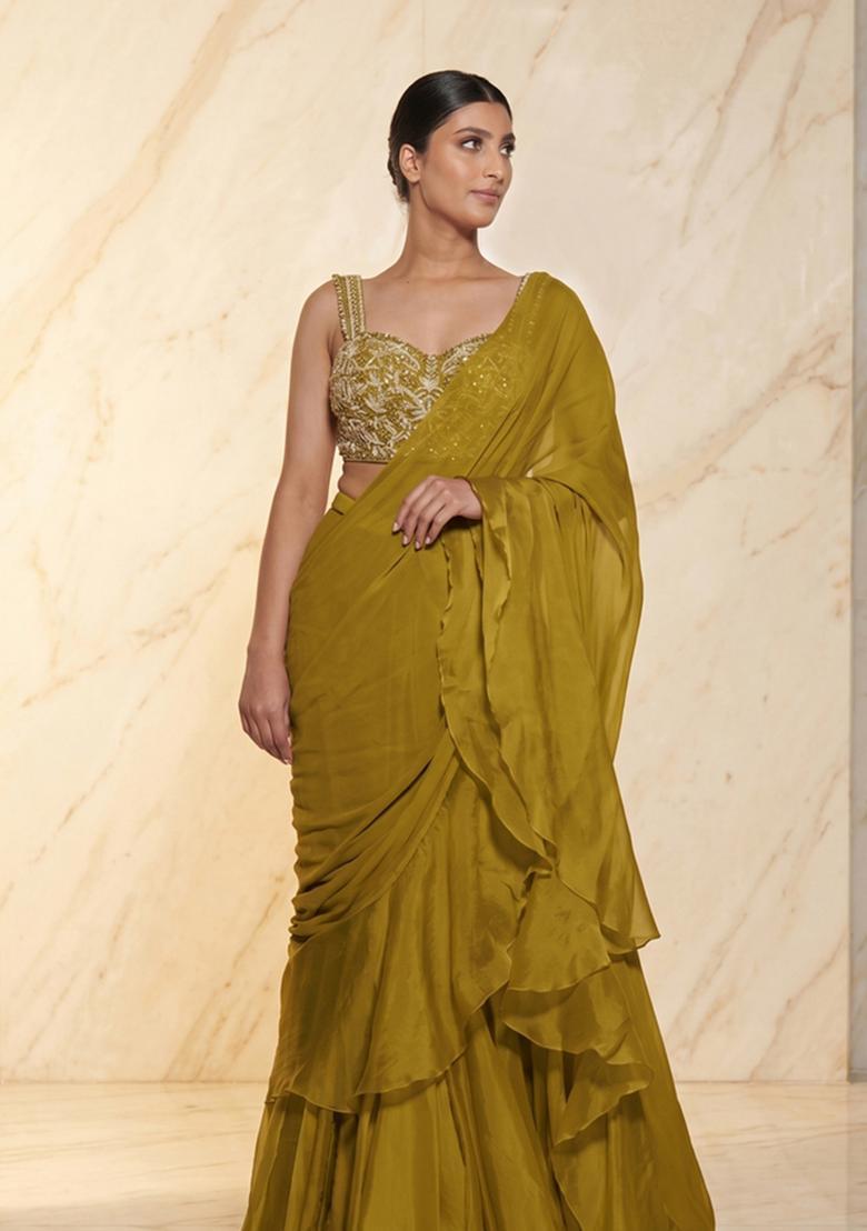 Lime Green Embroidered Handwork Pre Draped Saree Set - Indya