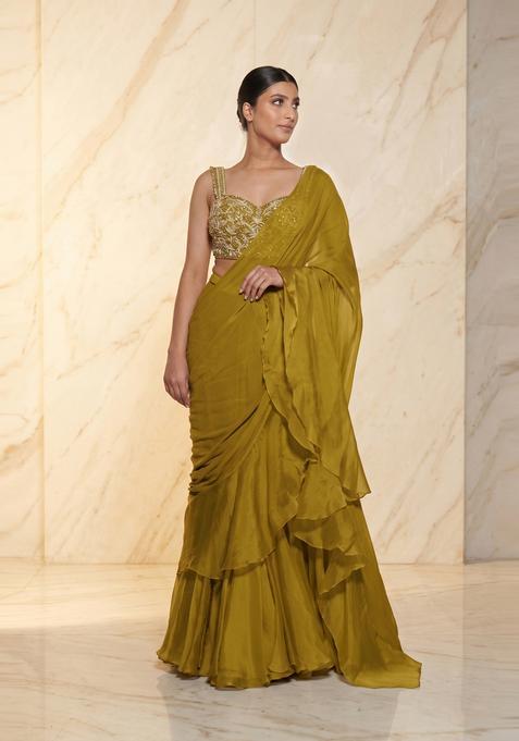 Lime Green Embroidered Handwork Pre Draped Saree Set