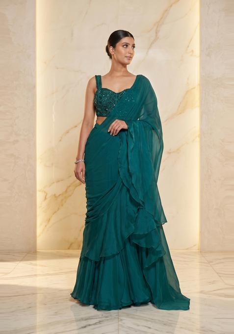 Teal Green Embroidered Handwork Pre Draped Saree Set
