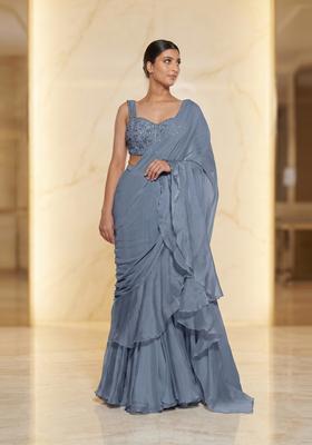 Steel Blue Embroidered Handwork Pre Draped Saree Set