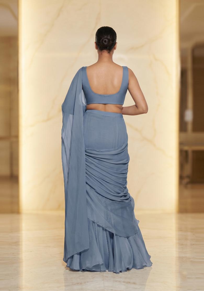 Steel Blue Embroidered Handwork Pre Draped Saree Set - Indya