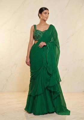 Green Embroidered Handwork Pre Draped Saree Set