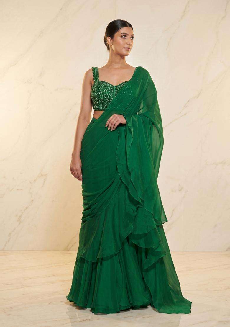 Green Embroidered Handwork Pre Draped Saree Set - Indya
