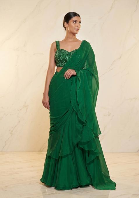 Green Embroidered Handwork Pre Draped Saree Set