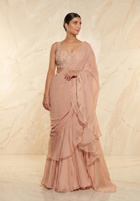 Dusty Pink Embroidered Handwork Pre Draped Saree Set