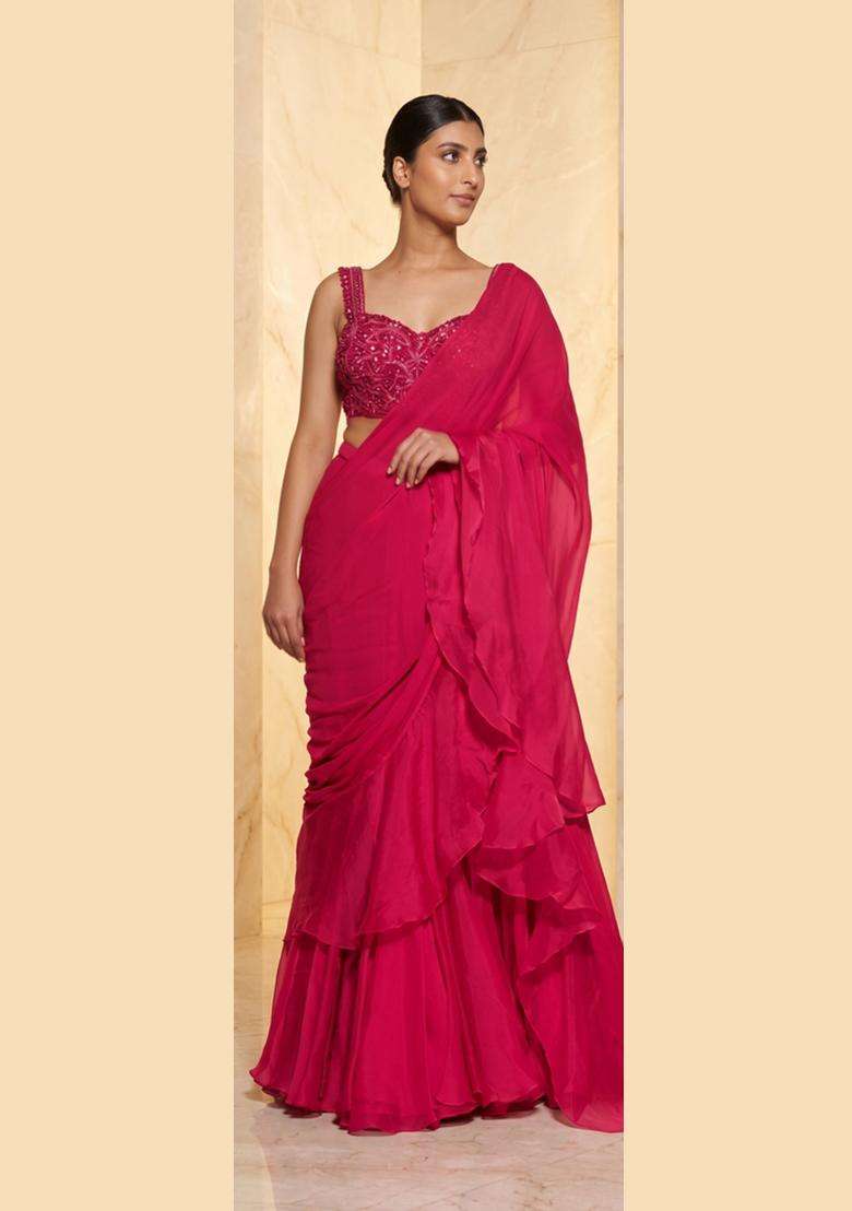 Magenta Pink Embroidered Handwork Pre Draped Saree Set - Indya