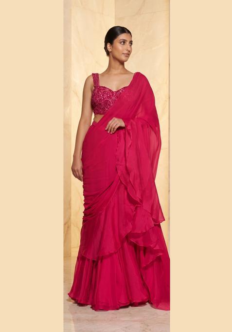 Magenta Pink Embroidered Handwork Pre Draped Saree Set