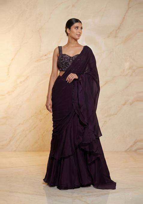 Deep Wine Embroidered Handwork Pre Draped Saree Set