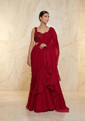 Deep Red Embroidered Handwork Pre Draped Saree Set