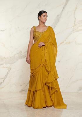 Mustard Embroidered Handwork Pre Draped Saree Set